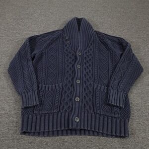 LL Bean Signature Sweater Mens Large Blue Shawl Collar Cable Knit Cardigan